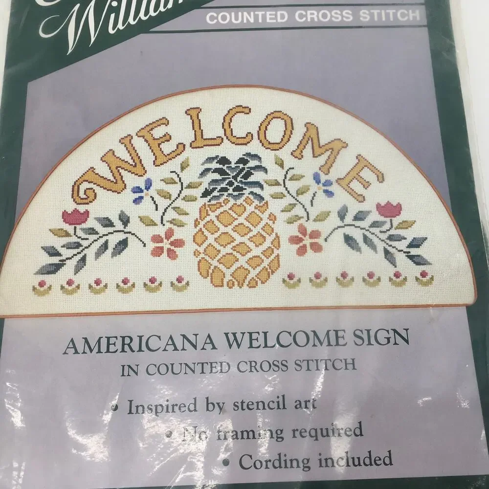 VTG Elsa Williams Americana Welcome Sign Pineapple Counted Cross Stitch Kit